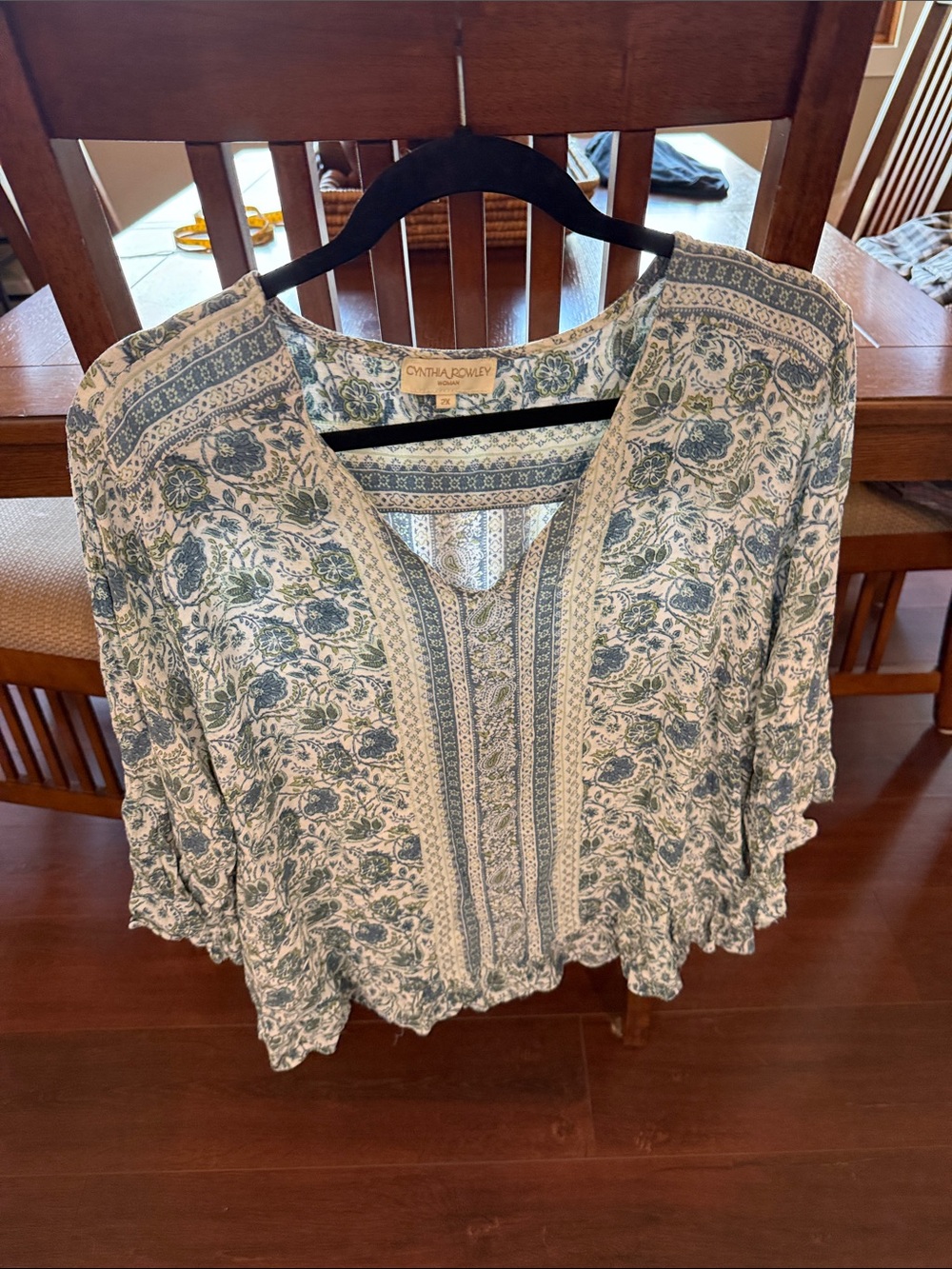 Cynthia Rowley White Blouse with Blue-Green Floral Print